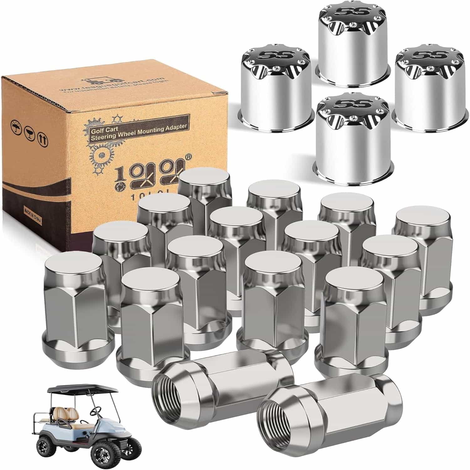 10L0l Chrome Golf Cart Center Caps & Lug Nuts Kit (4 Caps + 16 Nuts) - Fits Ezgo, Club Car