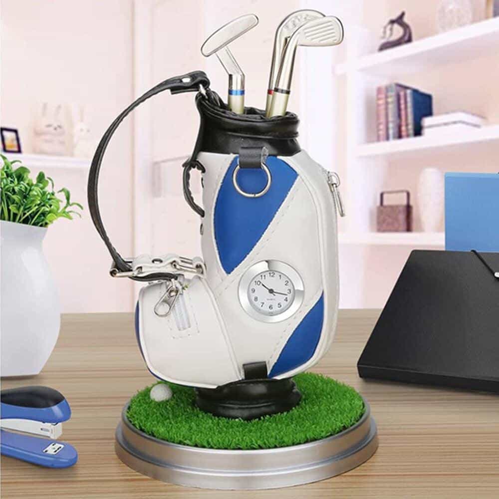 Mini Golf Bag Pen Holder With Golf Pen And Clock Golf Souvenir Blue Table Decoration - 10L0l